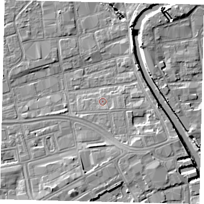 Shaded relief map of the ground around HU28AZ, computed from Environment Agency LiDAR. The ground here sits at about 3 m above sea level and falls 8 m across the surrounding 800 m. Surface water reaching this point runs off ground lying to the east-south-east, 1.0 m higher.