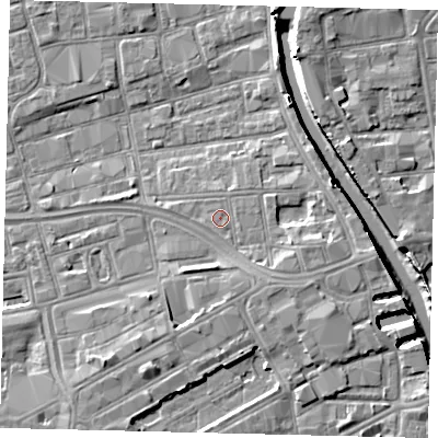Shaded relief map of the ground around HU28BA, computed from Environment Agency LiDAR. The ground here sits at about 4 m above sea level and falls 8 m across the surrounding 800 m. Surface water reaching this point runs off ground lying to the south-east, 1.8 m higher.