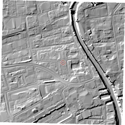 Shaded relief map of the ground around HU28BB, computed from Environment Agency LiDAR. The ground here sits at about 4 m above sea level and falls 8 m across the surrounding 800 m. Surface water reaching this point runs off ground lying to the east-south-east, 2.1 m higher.