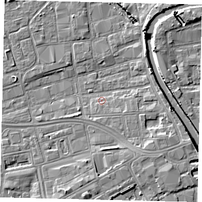 Shaded relief map of the ground around HU28BD, computed from Environment Agency LiDAR. The ground here sits at about 3 m above sea level and falls 7 m across the surrounding 800 m. Surface water reaching this point runs off ground lying to the east-south-east, 3.9 m higher.