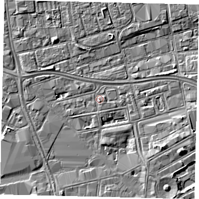 Shaded relief map of the ground around HU28BE, computed from Environment Agency LiDAR. The ground here sits at about 3 m above sea level and falls 5 m across the surrounding 800 m. Surface water reaching this point runs off ground lying to the west-south-west, 0.8 m higher.