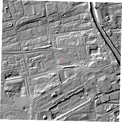 Shaded relief map of the ground around HU28BG, computed from Environment Agency LiDAR. The ground here sits at about 3 m above sea level and falls 7 m across the surrounding 800 m. Surface water reaching this point runs off ground lying to the east-south-east, 1.9 m higher.