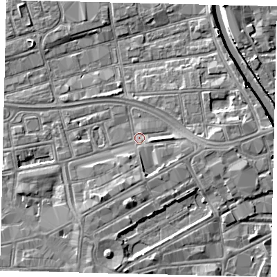 Shaded relief map of the ground around HU28BH, computed from Environment Agency LiDAR. The ground here sits at about 3 m above sea level and falls 7 m across the surrounding 800 m. Surface water reaching this point runs off ground lying to the south, 2.1 m higher.
