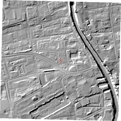 Shaded relief map of the ground around HU28BJ, computed from Environment Agency LiDAR. The ground here sits at about 4 m above sea level and falls 8 m across the surrounding 800 m. Surface water reaching this point runs off ground lying to the south-south-east, 1.2 m higher.