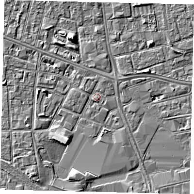 Shaded relief map of the ground around HU28BP, computed from Environment Agency LiDAR. The ground here sits at about 3 m above sea level and falls 5 m across the surrounding 800 m. Surface water reaching this point runs off ground lying to the south, 0.7 m higher.