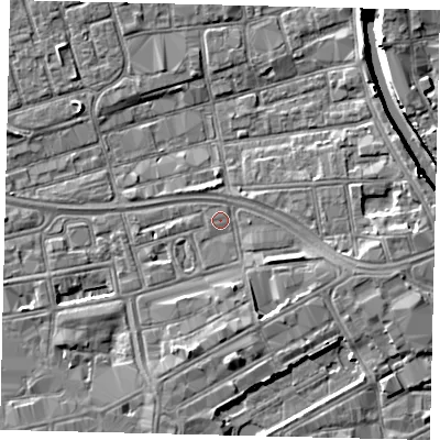 Shaded relief map of the ground around HU28BQ, computed from Environment Agency LiDAR. The ground here sits at about 3 m above sea level and falls 7 m across the surrounding 800 m. Surface water reaching this point runs off ground lying to the east-south-east, 2.5 m higher.