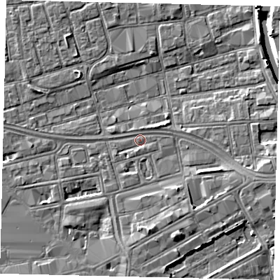 Shaded relief map of the ground around HU28BT, computed from Environment Agency LiDAR. The ground here sits at about 3 m above sea level and falls 7 m across the surrounding 800 m. Surface water reaching this point runs off ground lying to the south, 3.8 m higher.