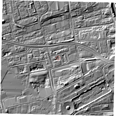 Shaded relief map of the ground around HU28DA, computed from Environment Agency LiDAR. The ground here sits at about 2 m above sea level and falls 7 m across the surrounding 800 m. Surface water reaching this point runs off ground lying to the south-south-west, 0.9 m higher.