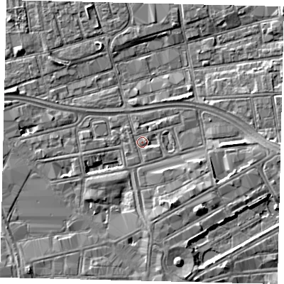 Shaded relief map of the ground around HU28DE, computed from Environment Agency LiDAR. The ground here sits at about 3 m above sea level and falls 5 m across the surrounding 800 m. Surface water reaching this point runs off ground lying to the south-east, 0.9 m higher.