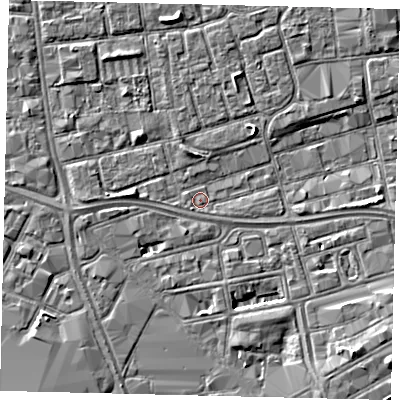 Shaded relief map of the ground around HU28DG, computed from Environment Agency LiDAR. The ground here sits at about 2 m above sea level and falls 5 m across the surrounding 800 m. Surface water reaching this point runs off ground lying to the west, 1.5 m higher.