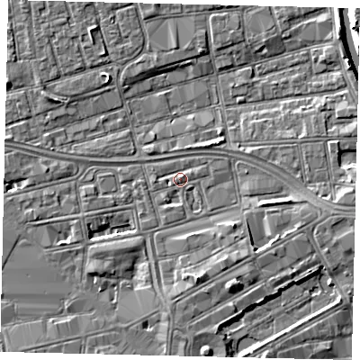 Shaded relief map of the ground around HU28DH, computed from Environment Agency LiDAR. The ground here sits at about 3 m above sea level and falls 7 m across the surrounding 800 m. Surface water reaching this point runs off ground lying to the south, 3.8 m higher.