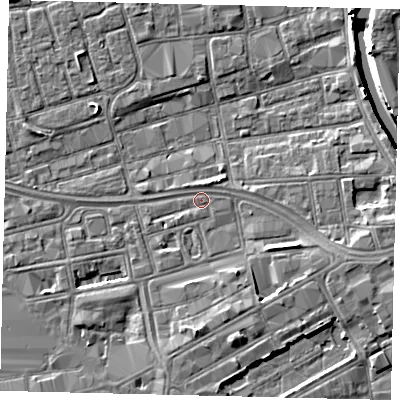 Shaded relief map of the ground around HU28DL, computed from Environment Agency LiDAR. The ground here sits at about 3 m above sea level and falls 7 m across the surrounding 800 m. Surface water reaching this point runs off ground lying to the south, 3.3 m higher.