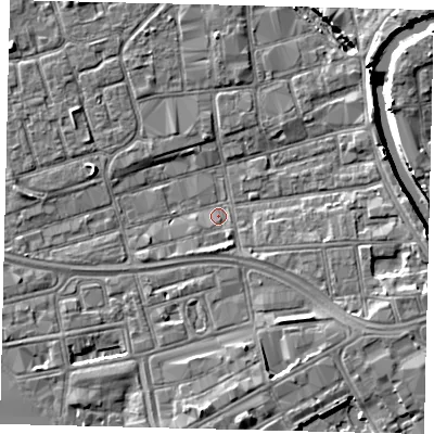 Shaded relief map of the ground around HU28DN, computed from Environment Agency LiDAR. The ground here sits at about 2 m above sea level and falls 7 m across the surrounding 800 m. Surface water reaching this point runs off ground lying to the east-south-east, 4.1 m higher.