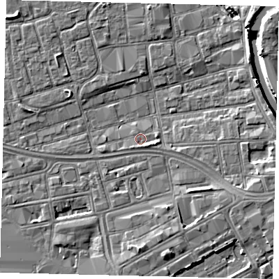 Shaded relief map of the ground around HU28DR, computed from Environment Agency LiDAR. The ground here sits at about 2 m above sea level and falls 7 m across the surrounding 800 m. Surface water reaching this point runs off ground lying to the east-south-east, 1.4 m higher.