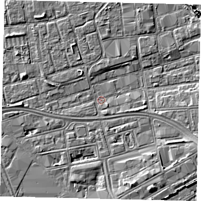 Shaded relief map of the ground around HU28DT, computed from Environment Agency LiDAR. The ground here sits at about 2 m above sea level and falls 6 m across the surrounding 800 m. Surface water reaching this point runs off ground lying to the east-south-east, 3.3 m higher.