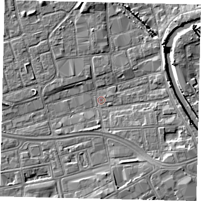 Shaded relief map of the ground around HU28DY, computed from Environment Agency LiDAR. The ground here sits at about 2 m above sea level and falls 7 m across the surrounding 800 m. Surface water reaching this point runs off ground lying to the east-south-east, 4.2 m higher.