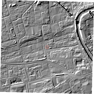 Shaded relief map of the ground around HU28DZ, computed from Environment Agency LiDAR. The ground here sits at about 2 m above sea level and falls 7 m across the surrounding 800 m. Surface water reaching this point runs off ground lying to the east-south-east, 4.2 m higher.