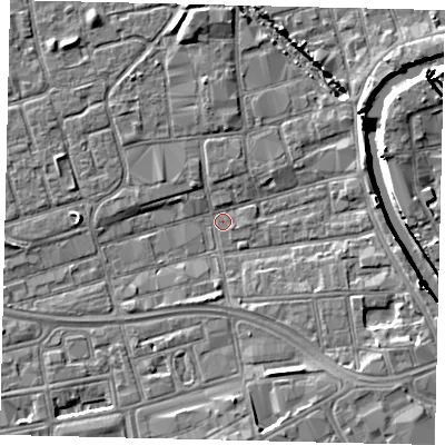 Shaded relief map of the ground around HU28EA, computed from Environment Agency LiDAR. The ground here sits at about 2 m above sea level and falls 7 m across the surrounding 800 m. Surface water reaching this point runs off ground lying to the east-south-east, 4.2 m higher.