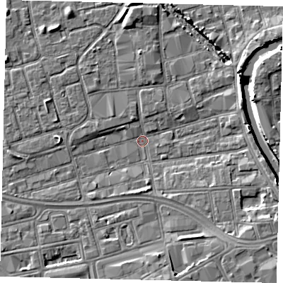 Shaded relief map of the ground around HU28EB, computed from Environment Agency LiDAR. The ground here sits at about 2 m above sea level and falls 7 m across the surrounding 800 m. Surface water reaching this point runs off ground lying to the east-south-east, 4.2 m higher.