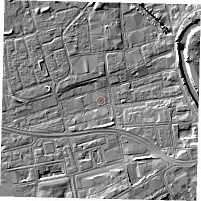 Shaded relief map of the ground around HU28ED, computed from Environment Agency LiDAR. The ground here sits at about 2 m above sea level and falls 7 m across the surrounding 800 m. Surface water reaching this point runs off ground lying to the south-east, 4.1 m higher.
