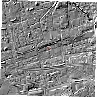 Shaded relief map of the ground around HU28EF, computed from Environment Agency LiDAR. The ground here sits at about 2 m above sea level and falls 6 m across the surrounding 800 m. Surface water reaching this point runs off ground lying to the south-east, 3.9 m higher.