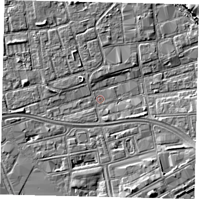 Shaded relief map of the ground around HU28EH, computed from Environment Agency LiDAR. The ground here sits at about 2 m above sea level and falls 6 m across the surrounding 800 m. Surface water reaching this point runs off ground lying to the south-west, 1.2 m higher.