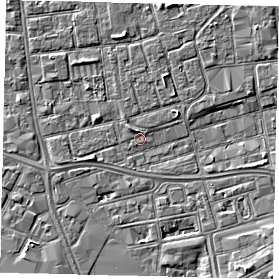 Shaded relief map of the ground around HU28EP, computed from Environment Agency LiDAR. The ground here sits at about 2 m above sea level and falls 5 m across the surrounding 800 m. Surface water reaching this point runs off ground lying to the north-west, 1.0 m higher.