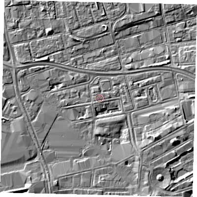 Shaded relief map of the ground around HU28HE, computed from Environment Agency LiDAR. The ground here sits at about 3 m above sea level and falls 5 m across the surrounding 800 m. Surface water reaching this point runs off ground lying to the south-south-west, 1.0 m higher.
