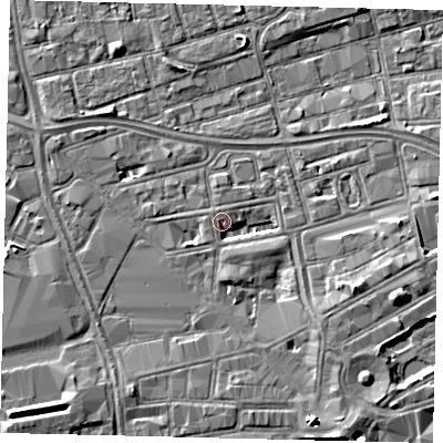 Shaded relief map of the ground around HU28HH, computed from Environment Agency LiDAR. The ground here sits at about 3 m above sea level and falls 5 m across the surrounding 800 m. Surface water reaching this point runs off ground lying to the south-east, 3.1 m higher.