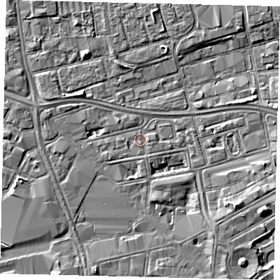 Shaded relief map of the ground around HU28HL, computed from Environment Agency LiDAR. The ground here sits at about 2 m above sea level and falls 5 m across the surrounding 800 m. Surface water reaching this point runs off ground lying to the south-east, 3.1 m higher.