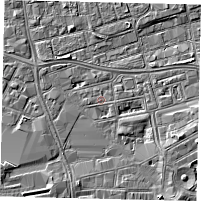 Shaded relief map of the ground around HU28HP, computed from Environment Agency LiDAR. The ground here sits at about 3 m above sea level and falls 5 m across the surrounding 800 m. Surface water reaching this point runs off ground lying to the west-south-west, 0.8 m higher.
