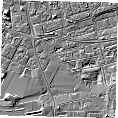 Shaded relief map of the ground around HU28HQ, computed from Environment Agency LiDAR. The ground here sits at about 3 m above sea level and falls 5 m across the surrounding 800 m. Surface water reaching this point runs off ground lying to the south-east, 1.3 m higher.