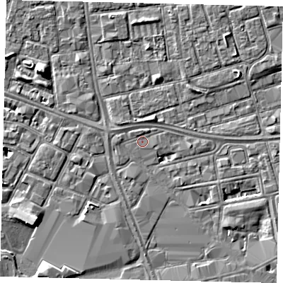 Shaded relief map of the ground around HU28HR, computed from Environment Agency LiDAR. The ground here sits at about 3 m above sea level and falls 5 m across the surrounding 800 m. The ground contributing surface water to this point lies to the east-south-east.