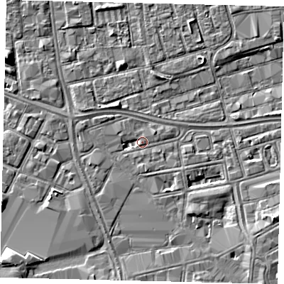 Shaded relief map of the ground around HU28HX, computed from Environment Agency LiDAR. The ground here sits at about 3 m above sea level and falls 5 m across the surrounding 800 m. Surface water reaching this point runs off ground lying to the south-east, 3.1 m higher.