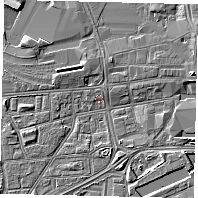 Shaded relief map of the ground around HU28HY, computed from Environment Agency LiDAR. The ground here sits at about 3 m above sea level and falls 5 m across the surrounding 800 m. Surface water reaching this point runs off ground lying to the east-north-east, 4.6 m higher.