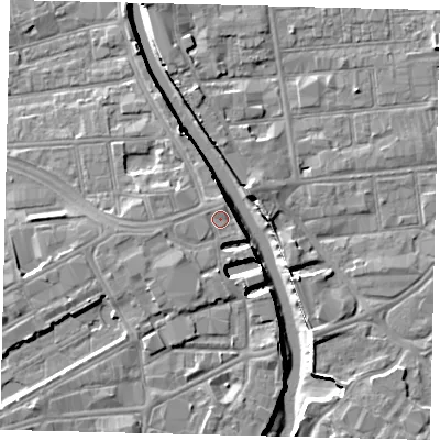 Shaded relief map of the ground around HU28HZ, computed from Environment Agency LiDAR. The ground here sits at about 5 m above sea level and falls 8 m across the surrounding 800 m. Surface water reaching this point runs off ground lying to the south-west, 1.3 m higher.