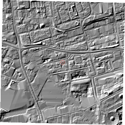 Shaded relief map of the ground around HU28JD, computed from Environment Agency LiDAR. The ground here sits at about 3 m above sea level and falls 5 m across the surrounding 800 m. Surface water reaching this point runs off ground lying to the south-east, 3.1 m higher.