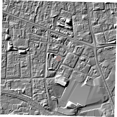 Shaded relief map of the ground around HU28JN, computed from Environment Agency LiDAR. The ground here sits at about 2 m above sea level and falls 5 m across the surrounding 800 m. Surface water reaching this point runs off ground lying to the south-south-east, 4.6 m higher.