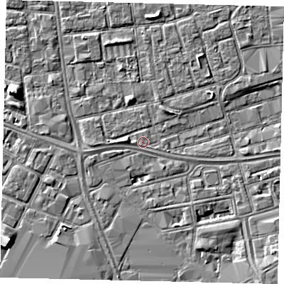 Shaded relief map of the ground around HU28JQ, computed from Environment Agency LiDAR. The ground here sits at about 3 m above sea level and falls 5 m across the surrounding 800 m. Surface water reaching this point runs off ground lying to the south-south-east, 2.1 m higher.