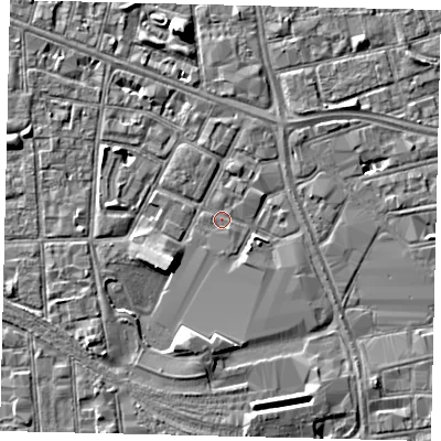 Shaded relief map of the ground around HU28JX, computed from Environment Agency LiDAR. The ground here sits at about 2 m above sea level and falls 5 m across the surrounding 800 m. Surface water reaching this point runs off ground lying to the south-east, 2.2 m higher.