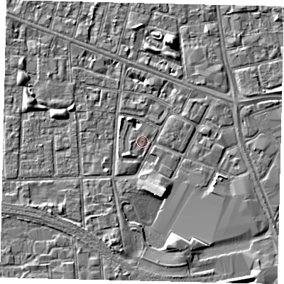 Shaded relief map of the ground around HU28JY, computed from Environment Agency LiDAR. The ground here sits at about 2 m above sea level and falls 5 m across the surrounding 800 m. Surface water reaching this point runs off ground lying to the south-south-east, 3.8 m higher.
