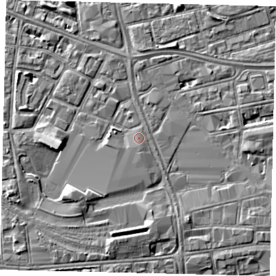 Shaded relief map of the ground around HU28LB, computed from Environment Agency LiDAR. The ground here sits at about 3 m above sea level and falls 5 m across the surrounding 800 m. Surface water reaching this point runs off ground lying to the south, 0.7 m higher.