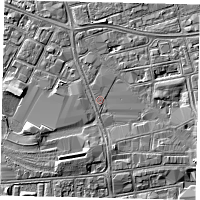 Shaded relief map of the ground around HU28LH, computed from Environment Agency LiDAR. The ground here sits at about 3 m above sea level and falls 5 m across the surrounding 800 m. Surface water reaching this point runs off ground lying to the east-south-east, 2.3 m higher.