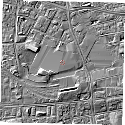 Shaded relief map of the ground around HU28LN, computed from Environment Agency LiDAR. The ground here sits at about 3 m above sea level and falls 5 m across the surrounding 800 m. The ground contributing surface water to this point lies to the east.