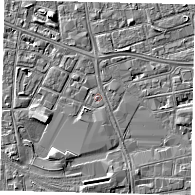 Shaded relief map of the ground around HU28LP, computed from Environment Agency LiDAR. The ground here sits at about 3 m above sea level and falls 5 m across the surrounding 800 m. Surface water reaching this point runs off ground lying to the south-south-east, 2.2 m higher.