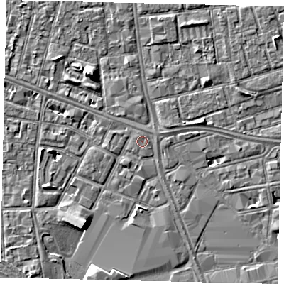 Shaded relief map of the ground around HU28NF, computed from Environment Agency LiDAR. The ground here sits at about 3 m above sea level and falls 5 m across the surrounding 800 m. The ground contributing surface water to this point lies to the east.