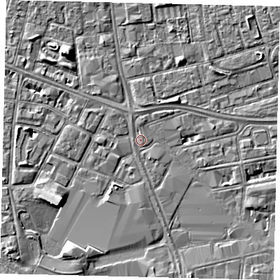 Shaded relief map of the ground around HU28NY, computed from Environment Agency LiDAR. The ground here sits at about 3 m above sea level and falls 5 m across the surrounding 800 m. Surface water reaching this point runs off ground lying to the south, 1.9 m higher.
