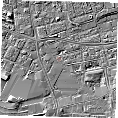 Shaded relief map of the ground around HU28PE, computed from Environment Agency LiDAR. The ground here sits at about 3 m above sea level and falls 5 m across the surrounding 800 m. Surface water reaching this point runs off ground lying to the south-east, 1.3 m higher.
