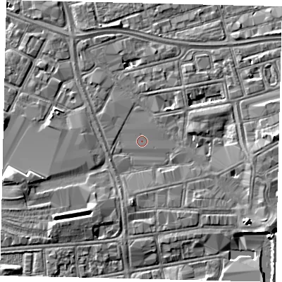 Shaded relief map of the ground around HU28PN, computed from Environment Agency LiDAR. The ground here sits at about 3 m above sea level and falls 5 m across the surrounding 800 m. Surface water reaching this point runs off ground lying to the south, 1.9 m higher.