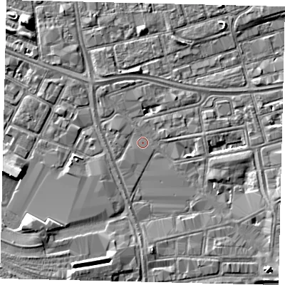 Shaded relief map of the ground around HU28PQ, computed from Environment Agency LiDAR. The ground here sits at about 3 m above sea level and falls 5 m across the surrounding 800 m. The ground contributing surface water to this point lies to the east-south-east.